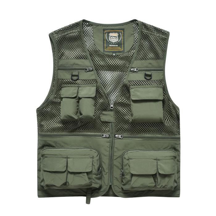 Gilet De Pêche Homme Multi-Poches Coton - Veste Sans Manches Photographe Chasse Journaliste