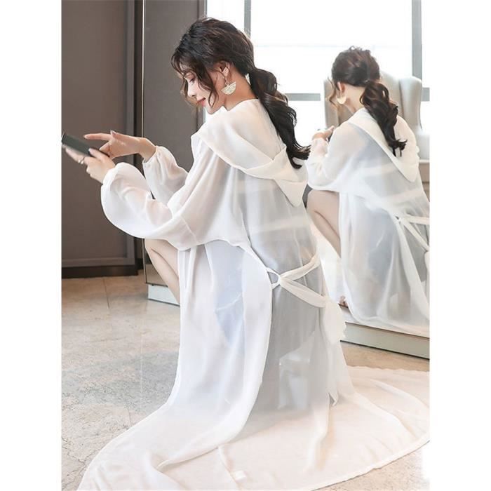 Gilet Cardigan a capuche en mousseline de soie pour femme Blouse a manches bouffantes ample et Simple haut de WHITE E6006 Blanc Cdiscount Pret a Porter