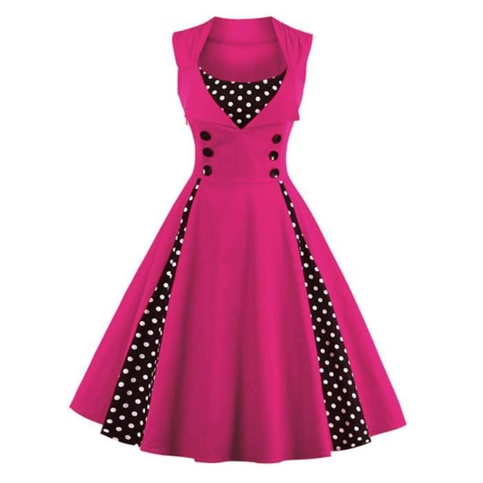 Robe Femme Vintage Années 50 - Blanc à Pois Avec Bordure Rayée Marine - Style Cocktail Rétro, Jupe Plissée