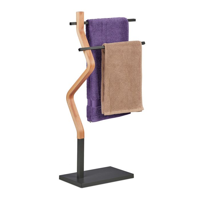 Relaxdays Porte-serviettes au design original 2 barres en métal acier et MDF HLP : 85x43 5x20 cm nature et gris