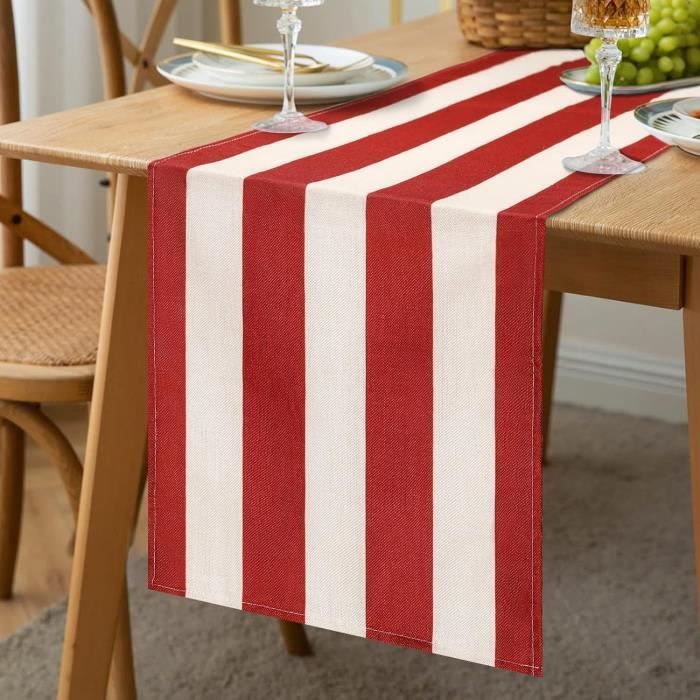 Chemin De Table En Lin Coton - 33x183 Cm - Style Rustique Champêtre Rayures Beige/marron - Pour Salle à Manger, Mariage, Fête