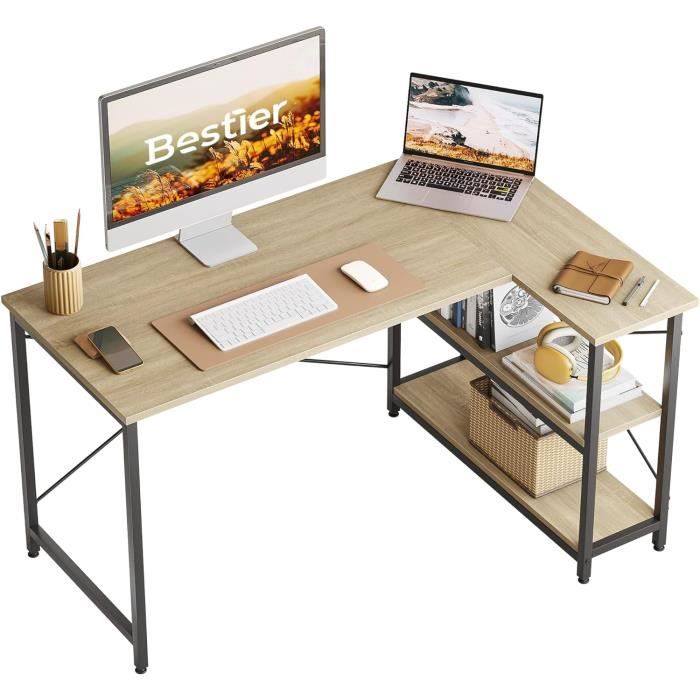 Bureau en Forme de L avec 2 Tiroirs Spacieux, Bureau Gaming avec