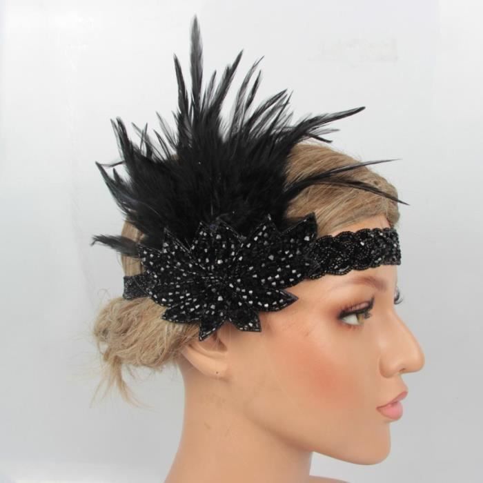 Bandeau Cheveux Vintage Années 1920 En Plumes Noires Et Broche Argentée - Accessoire Soirée, Mariage, Halloween, Costume Gatsby