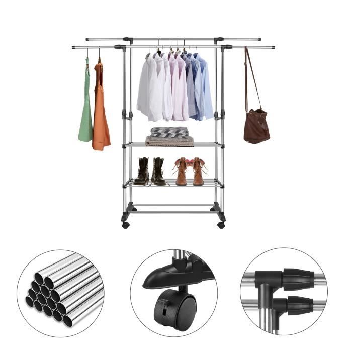 Willonin® Portant à vêtements avec double barres Porte-manteau extensible à 3 niveaux Pendrie de chambre mobile avec 4 roulettes