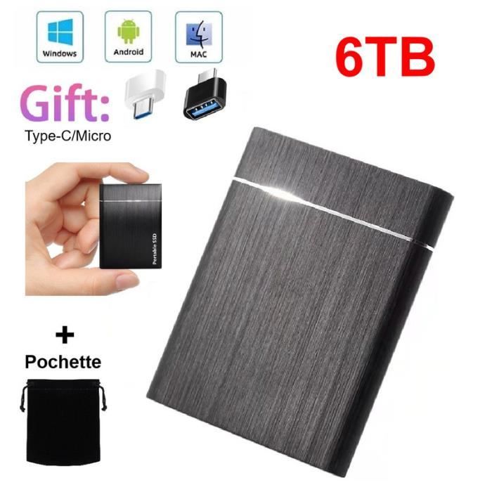 SSD Portable Disque Dur Externe 6TB 6To Noir avec OTG Type-C et Micro B +  Pochette Sac de Stockage en Tissu - Cdiscount Informatique