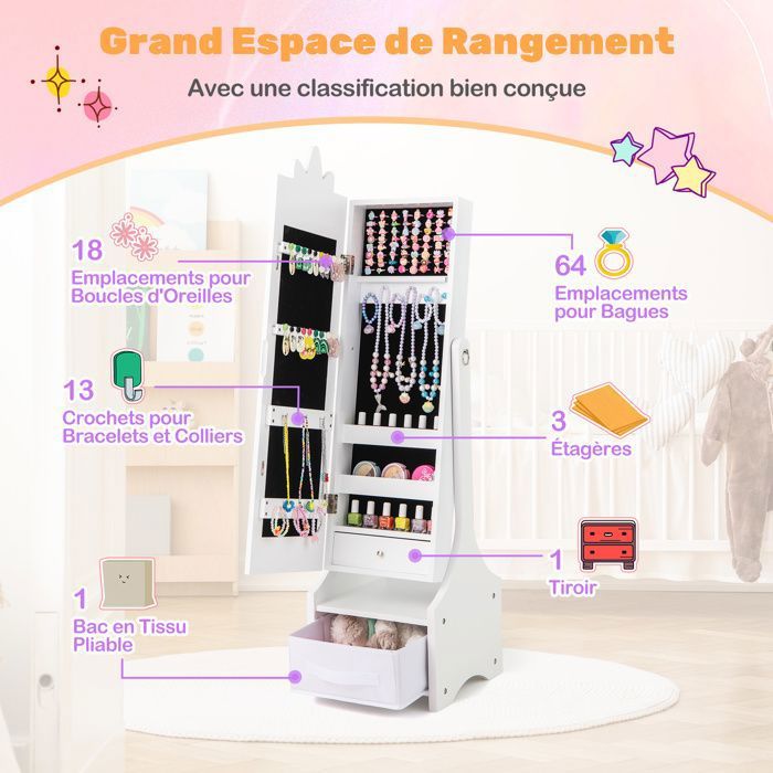 Armoire à Bijoux 3 En 1 Pour Enfants Avec Miroir Pleine Longueur Pivotant 360° - Blanc - Étagère à Bijoux Et Miroir Couronne Pour Petite Fille