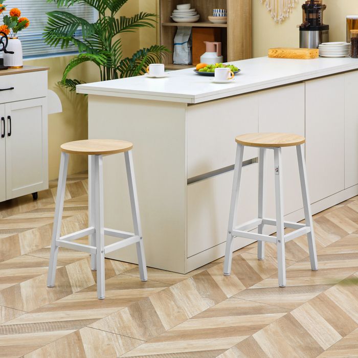 Lot De 2 Tabourets De Bar Sans Dossier - 65x32cm, Bois Et Métal Blanc, Pour îlot Cuisine Ou Bar - 4