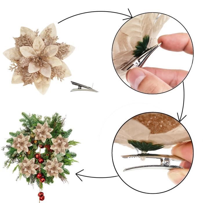 Grandes Fleurs De Noël Artificielles à Paillettes Avec Pinces - Lot De