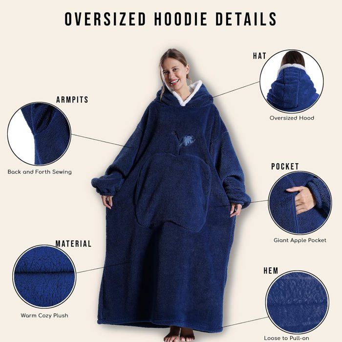 Couverture à Capuche Surdimensionnée En Flanelle - Poches Chaudes, Pour Femmes/adultes, Bleu Foncé - 12