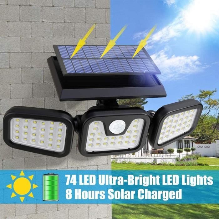 Lampe de sécurité solaire, projecteur extérieur à LED avec 3 têtes