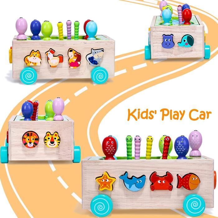 Jouets en bois Montessori pour enfants de 1 an, jouet marteau avec xylophone et jeu de pêche, jouet rampe de voiture, blocs à empiler et trieur de formes - Jouets en bois