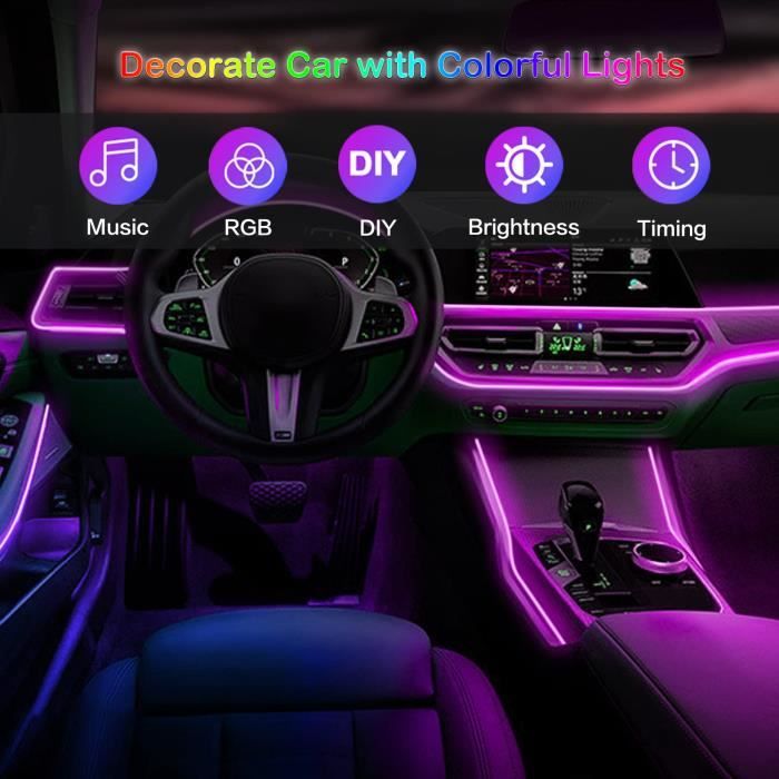 Bande lumineuse d'intérieur de voiture, 5-en-1 à LED RVB multicolores, 16  millions de couleurs, fibre optique de 6 m, détection du son - Kit  d'éclairage d'ambiance sans fil Bluetooth : : Auto et moto