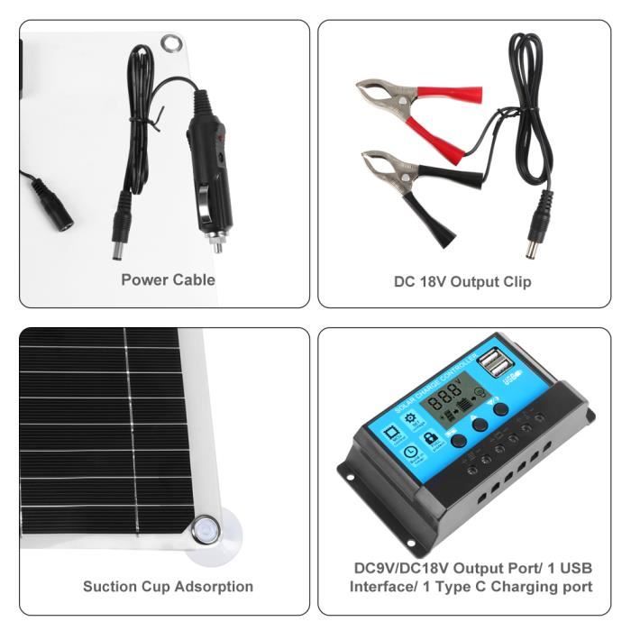 Kit Panneau Solaire 30W 12V étanche Avec Contrôleur - Charge Batterie Camping-car, Bateau, Voiture