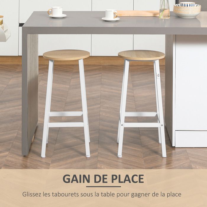 Lot De 2 Tabourets De Bar Sans Dossier - 65x32cm, Bois Et Métal Blanc, Pour îlot Cuisine Ou Bar - 3