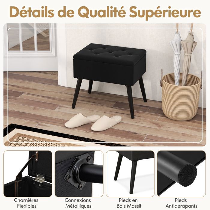 Tabouret Coiffeuse Velours Avec Rangement – Dossier Pliable Repose-Pieds – Gris – Grand