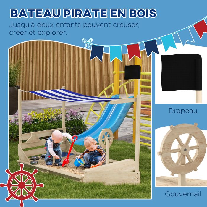 Outsunny Bac à Sable Bateau Pirate – Bois Sapin – 160x70x103 Cm – Voile D’ombrage – Coffre – Dès 3 Ans