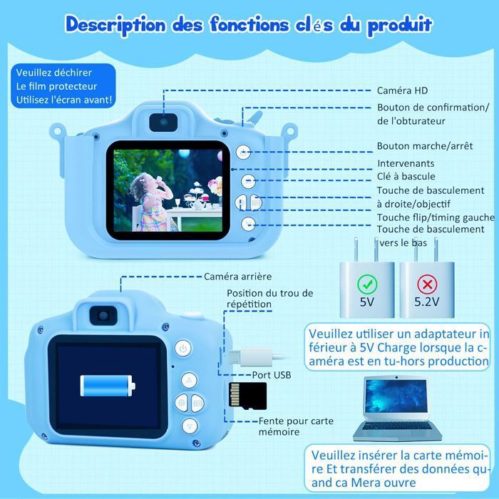 Appareil Photo Enfant, HD 1080P Licorne Appareil Photo Numériques, Écran IPS de 2,4 Pouces Mini