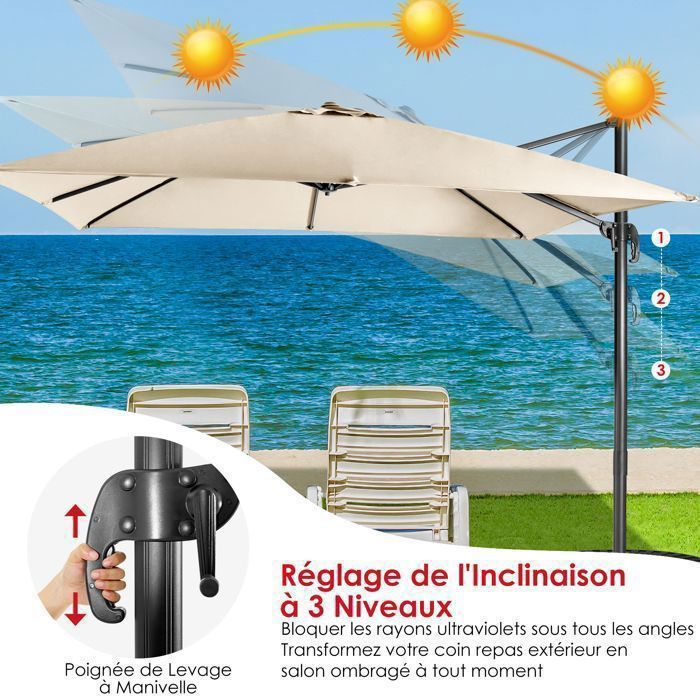 COSTWAY Parasol Déporté 3M Hexagonal Avec 40 LED Solaires - Inclinable, Manivelle, Base Croisée Pour Jardin, Terrasse Et Piscine (Gris)