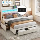 KILISKY Lit double 140x200cm avec tête de lit LED et port USB, Lit rembourré avec 4 tiroirs de rangement,sommier à lattes,lin, beige