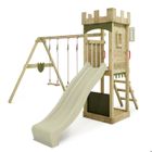 FATMOOSE Aire de jeux Portique bois TreasureTower avec balançoire et toboggan vert sauge Maison enfant extérieure avec bac à sable