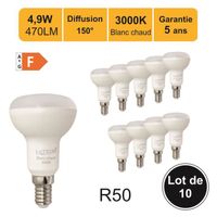 Lot de 10 ampoules LED E14 R50 4,9W (équiv. 40W) 470Lm 3000K