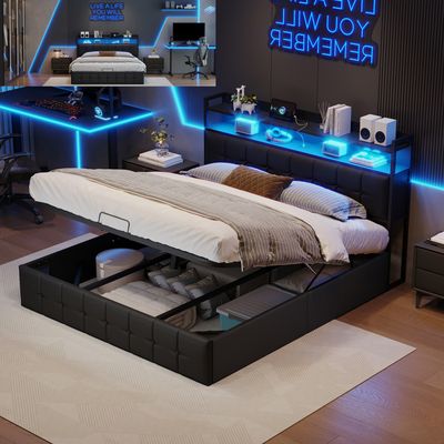 Lit Double Métal Flottant 140x200 cm avec Éclairage LED, 2 Prises USB