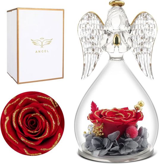 Rose éternelle Sous Cloche Avec Ange – Cadeau Femme, Maman, Anniversaire, Noël, Fête Des Mères