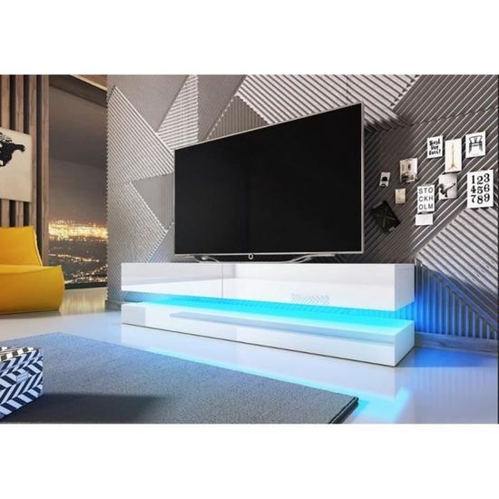 3xELiving Meuble TV SAJNA innovant et moderne 140cm blanc / blanc LED brillant