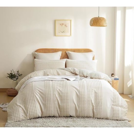 Housse De Couette 200X200Cm Beige Rayée Tuftée Broderie Parure De Lit 3
