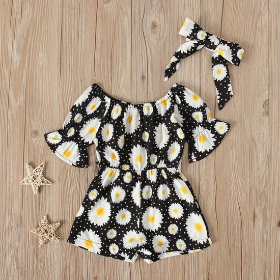0 4 Ans Bebe Enfant Fille Combinaison Courte Ete Combishort Fleuri Manche Courte avec Bandeau Cheveux Noir Cdiscount Pret a Porter