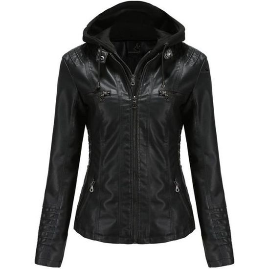 Veste en cuir pour Femme Luxe Slim Fit Avec Capuche Noir