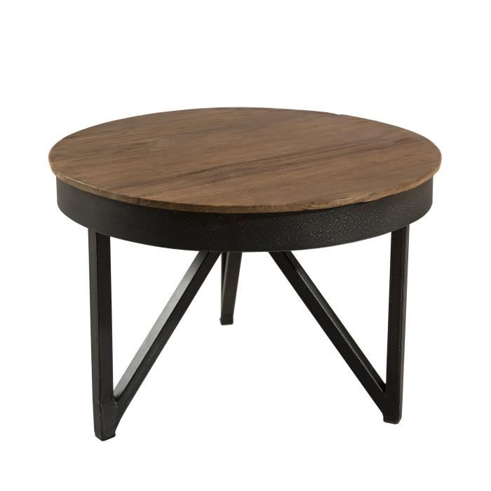 MACABANE ALIDA - Table basse ronde d'appoint 50x50cm plateau teck recyclé pied métal noir