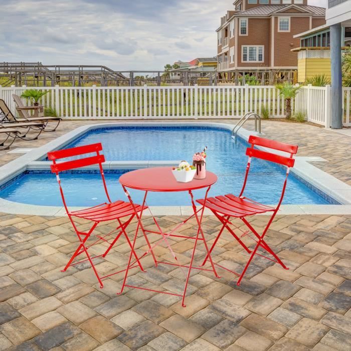 Ensemble de trois pièces pliant en fer 2 chaises 1 table rouge SALON BAS DE JARDIN