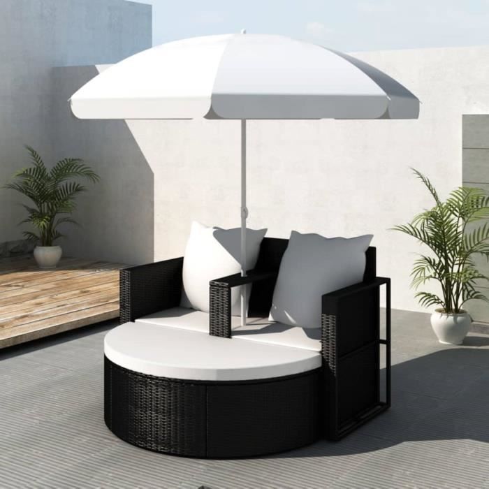 Lit de jardin avec parasol Noir Résine tressée Poids:23,96