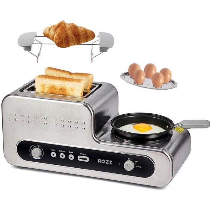 Grille-pain 2 Fentes Extra-larges et 6 Niveaux de Brunissage， Toaster Inox avec Poêle pour œufs durs/Sandwich/Bagel, 1230W (Argent)-