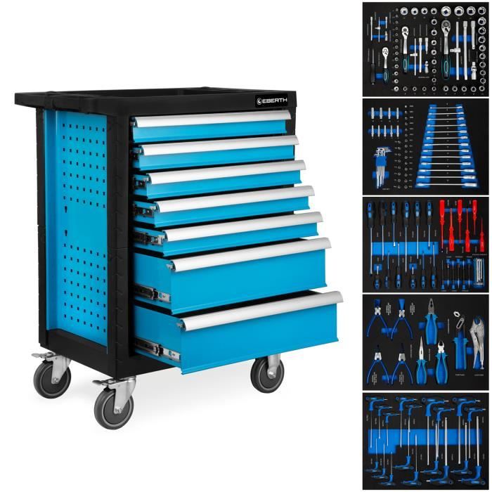 EBERTH Servante d'atelier avec Outils, bleu (7 tiroirs à roulements à billes, 5 tiroirs équipés d'outils, verrouillables, 4 roues)