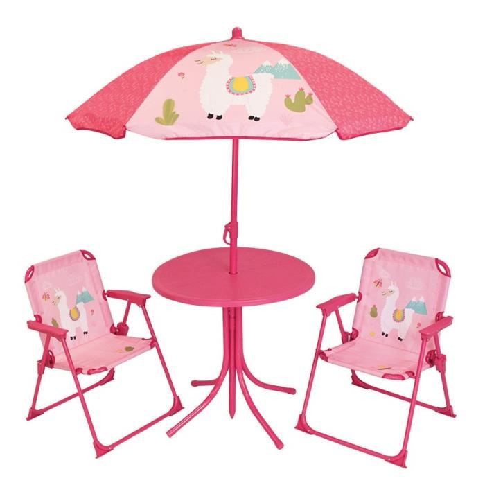 FUN HOUSE 713141 LOLA LAMA Salon de jardin avec une table , 2 chaises pliables et un parasol pour enfant