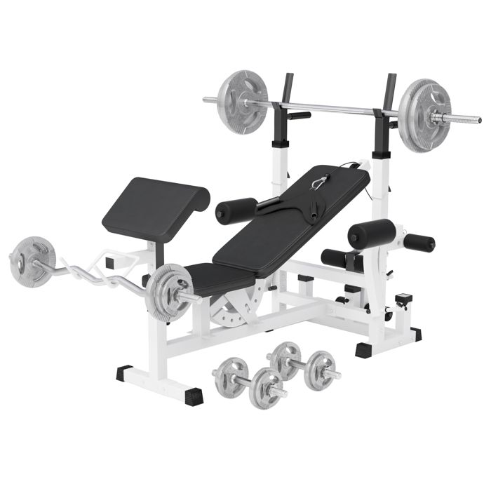Banc de musculation universel avec support pour haltères et set d'haltères de 105,5kg en fonte avec poignées