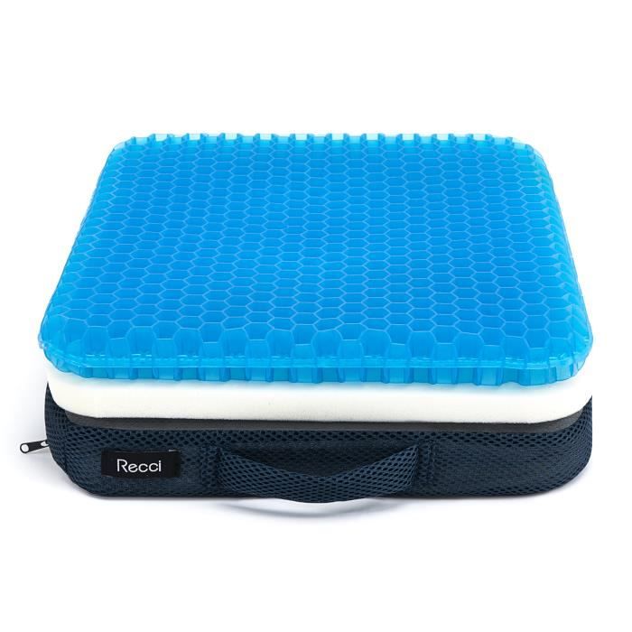 RECCI Coussin de Siège en Mousse à Mémoire & Gel - Coussin Chaise Ergonomique Orthopédique Coccyx Sciatique, Anti Escarres - Bleu