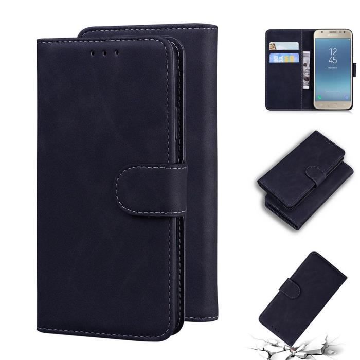 Housse Étui pour Samsung Galaxy J3 2017, PU Cuir et Silicone Souple Toucher Confortable Portefeuille Magnétique Support -Noir