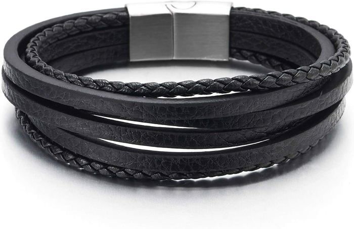 Bracelet Homme En Cuir Tressé à La Main - Fermoir Magnétique, Coloris Blanc/bleu Ou Noir/blanc - Accessoire Cuir PU élégant