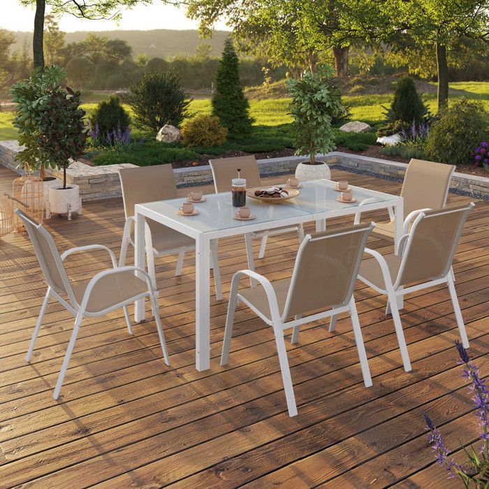 IDMARKET Salon de jardin MADRID table 150 CM et 6 chaises empilables blanc et beige