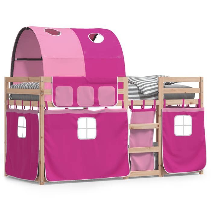 Lit mezzanine/Lit superposé enfants - avec rideaux - rose 80x200 cm bois pin massif LL283744