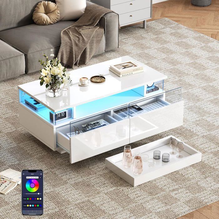 Lemonbest Table Basse Blanche Brillante avec Plateau et LED 2 Tiroirs en Verre Trempé 90 x 45 x 355 cm Design Moderne pour Salon