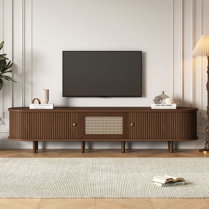 Meuble TV 180 cm Armoire TV ovale 2 portes coulissantes et tiroir en rotin Repose-pieds réglables Capacité de charge 30 kg