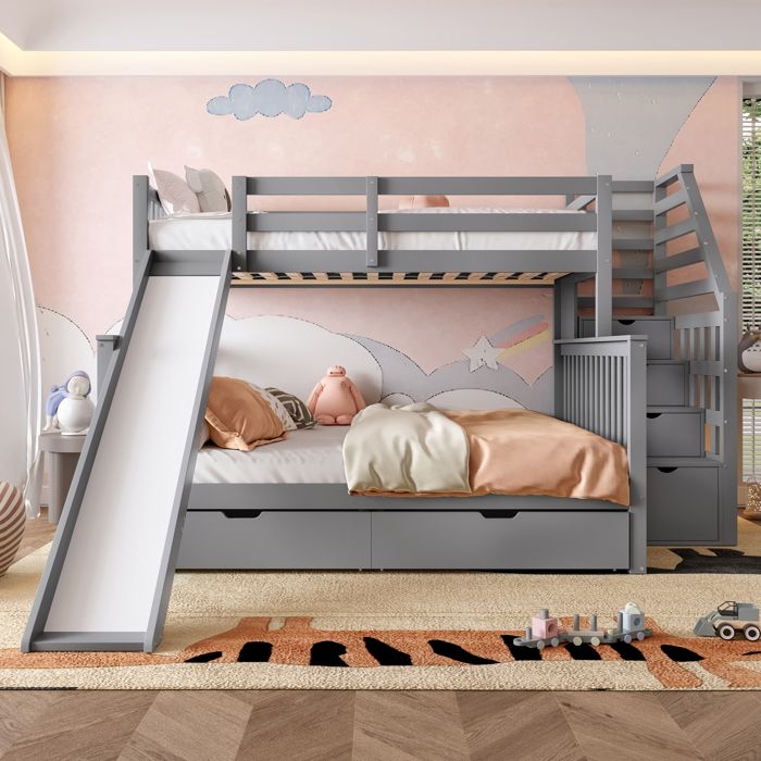 Lit superposé 90/140 x 200 cm avec toboggan lit enfant en bois et mère avec 2 tiroirs pour enfants et adolescents - gris Lit superposé 90/140 x 200 cm avec toboggan lit enfant en bois et mère avec 2 tiroirs pour enfants et adolescents - gris