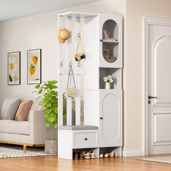 Porte-manteau compact Meubles dentrée avec 2 armoires Porte en verre trempé Vestiaire blanc Banc à chaussures 85x33.5x200 cm