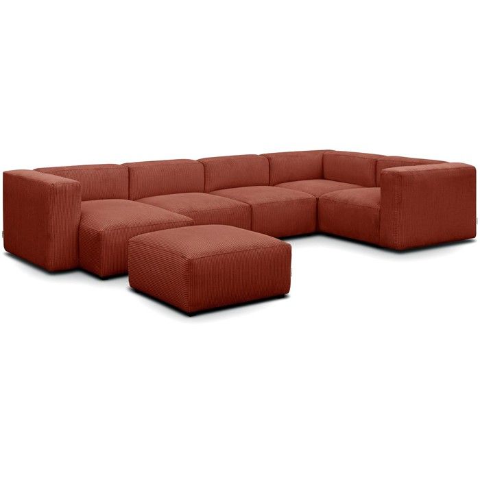 Canapé modulable panoramique 6 places méridienne gauche + pouf en velours côtelé rouille - Modulo