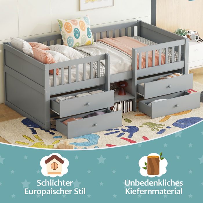 Lit mi-hauteur 90*200cm 4 tiroirs rampe échelle pin sans matelas style minimaliste gris