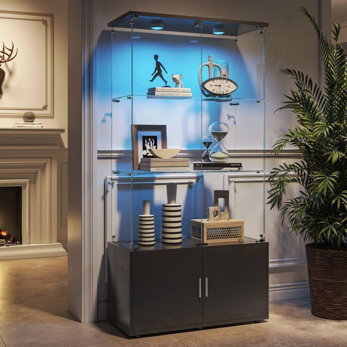 Vitrine en verre trempé noir à 3 couches et 2 portes armoire de collection transparente avec couche de rangement et Lampe à